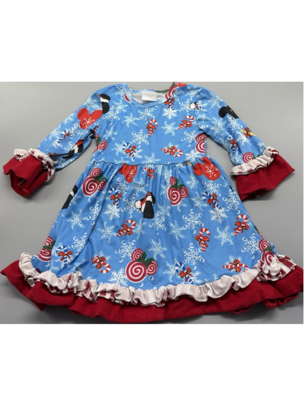 Girls 6 Disney Mickey Mouse Christmas Snowflake Knit Ruffle Dress Blue A-Line